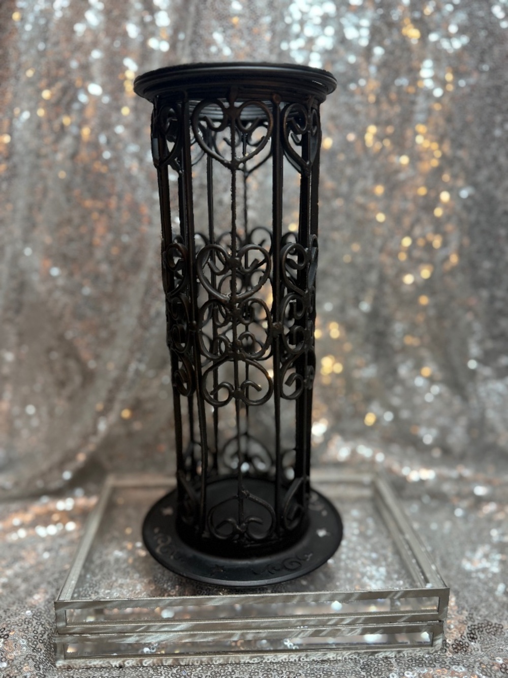 Vintage black metal scroll medium candle holder